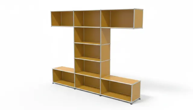 Shelving unit in Golden yellow (RAL 1004), compatible with USM Haller – 2250 × 1750 × 350 mm, 9 compartments – photorealistic preview