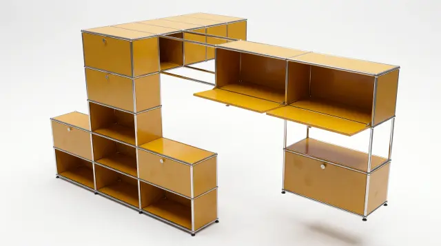 Shelving unit in Golden yellow (RAL 1004), compatible with USM Haller – 3750 × 1750 × 1750 mm, 18 compartments, 11 drop-down doors – photorealistic preview