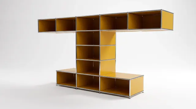Shelving unit in Golden yellow (RAL 1004), compatible with USM Haller – 2250 × 1750 × 350 mm, 9 compartments – photorealistic preview