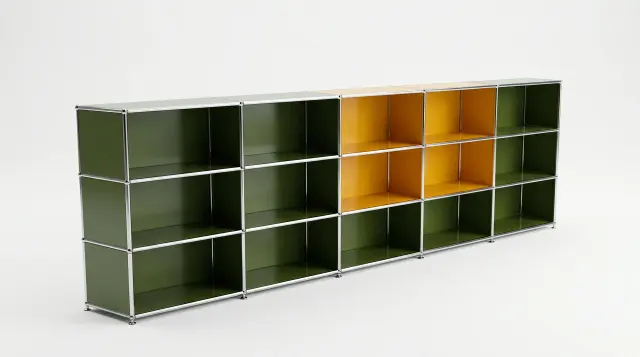 Shelving unit in Golden yellow (RAL 1004), compatible with USM Haller – 3000 × 1050 × 350 mm, 12 compartments – photorealistic preview