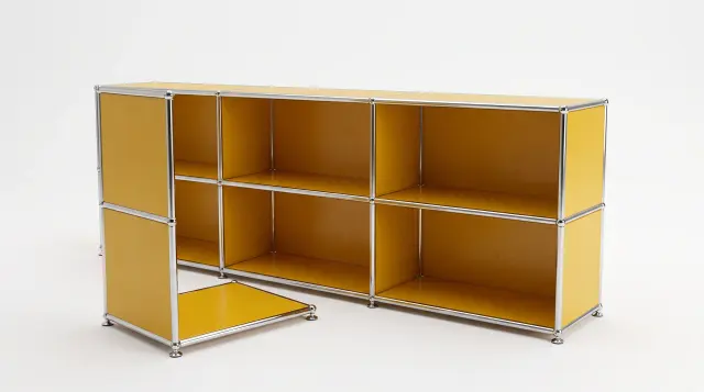 Sideboard in Golden yellow (RAL 1004), compatible with USM Haller – 2250 × 700 × 350 mm, 6 compartments – photorealistic preview
