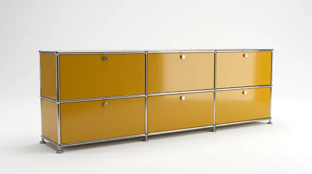 Sideboard in Golden yellow (RAL 1004), compatible with USM Haller – 1785 × 375 × 300 mm, 6 compartments, 3 drop-down doors – photorealistic preview
