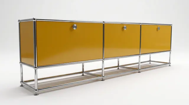 Sideboard in Golden yellow (RAL 1004), compatible with USM Haller – 1785 × 375 × 300 mm, 6 compartments, 3 drop-down doors – photorealistic preview