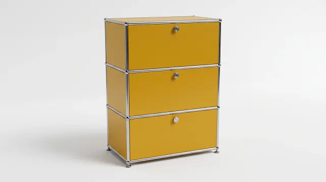 Shelving unit in Golden yellow (RAL 1004), compatible with USM Haller – 750 × 1050 × 500 mm, 3 compartments, 3 drop-down doors – photorealistic preview