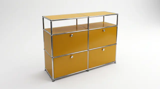 Sideboard in Golden yellow (RAL 1004), compatible with USM Haller – 1500 × 875 × 350 mm, 9 compartments – photorealistic preview