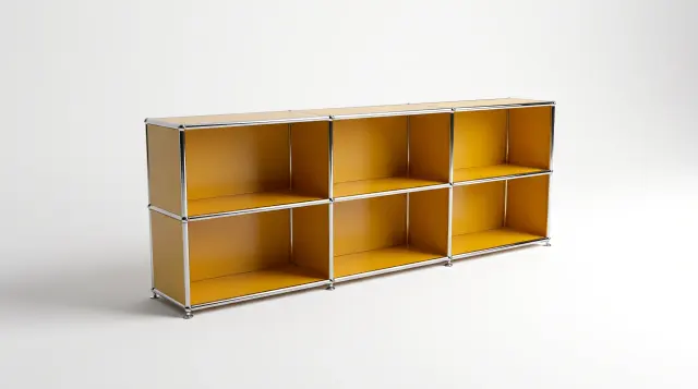 Sideboard in Golden yellow (RAL 1004), compatible with USM Haller – 2250 × 700 × 275 mm, 6 compartments, 1 pull-out shelf – photorealistic preview