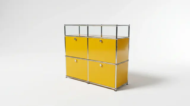 Sideboard in Golden yellow (RAL 1004), compatible with USM Haller – 1000 × 875 × 350 mm, 6 compartments, 4 drop-down doors, with glass – photorealistic preview