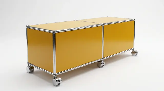 Sideboard in Golden yellow (RAL 1004), compatible with USM Haller – 1190 × 350 × 500 mm, 2 compartments, 2 drop-down doors – photorealistic preview