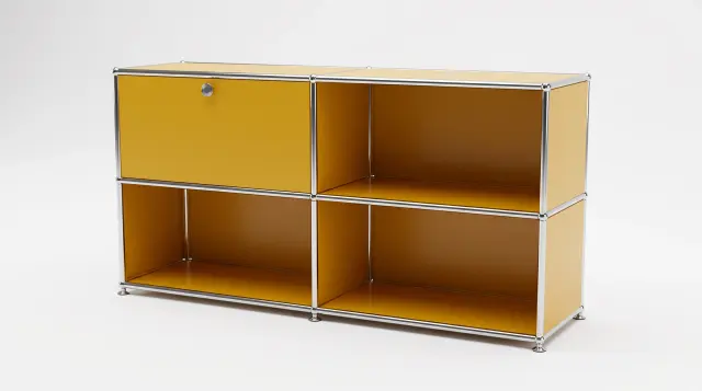 Sideboard in Golden yellow (RAL 1004), compatible with USM Haller – 1500 × 700 × 500 mm, 4 compartments, 1 drop-down door – photorealistic preview