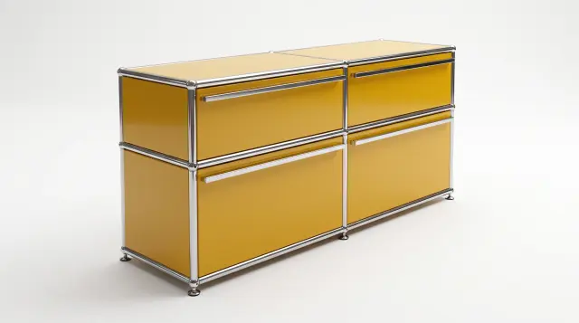 Sideboard in Golden yellow (RAL 1004), compatible with USM Haller – 1500 × 850 × 350 mm, 6 compartments, 6 pull-out shelves – photorealistic preview