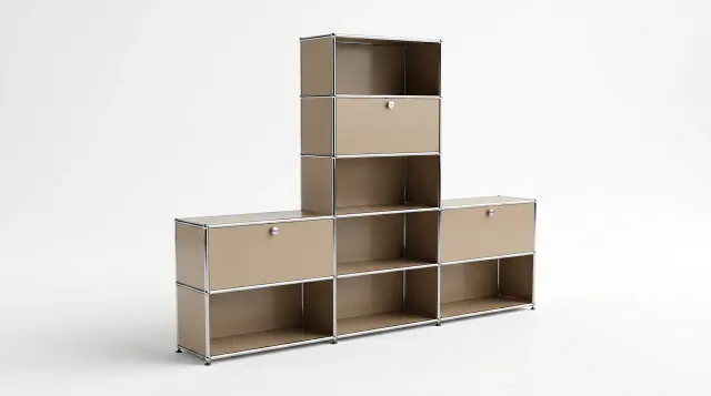 Shelving unit in Grey beige (RAL 1019), compatible with USM Haller – 2250 × 1400 × 350 mm, 8 compartments, 3 drop-down doors – photorealistic preview