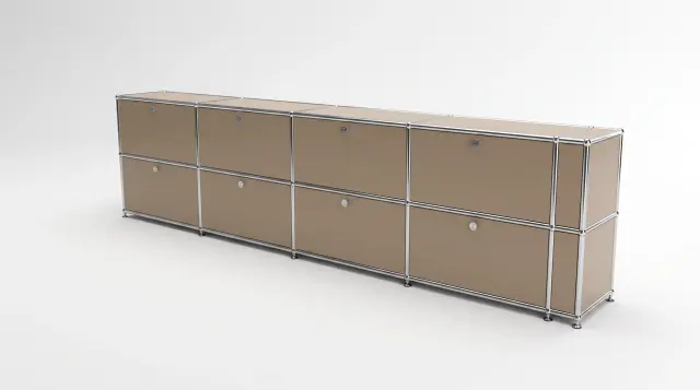 Sideboard in Grey beige (RAL 1019), compatible with USM Haller – 3000 × 700 × 350 mm, 8 compartments, 8 drop-down doors – photorealistic preview
