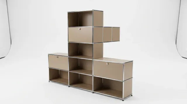 Shelving unit in Grey beige (RAL 1019), compatible with USM Haller – 2250 × 1400 × 350 mm, 8 compartments, 3 drop-down doors – photorealistic preview