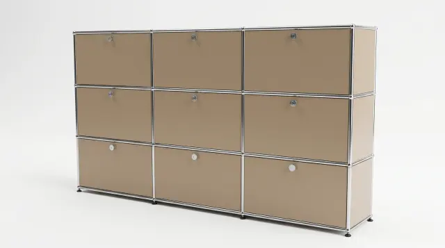 Sideboard in Grey beige (RAL 1019), compatible with USM Haller – 3000 × 700 × 350 mm, 8 compartments, 8 drop-down doors – photorealistic preview
