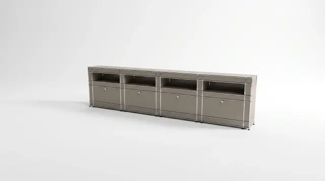 Sideboard in Grey beige (RAL 1019), compatible with USM Haller – 3500 × 850 × 350 mm, 45 compartments, 4 drop-down doors – photorealistic preview