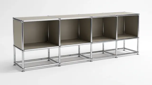 Sideboard in Grey beige (RAL 1019), compatible with USM Haller – 1200 × 425 × 350 mm, 6 compartments – photorealistic preview