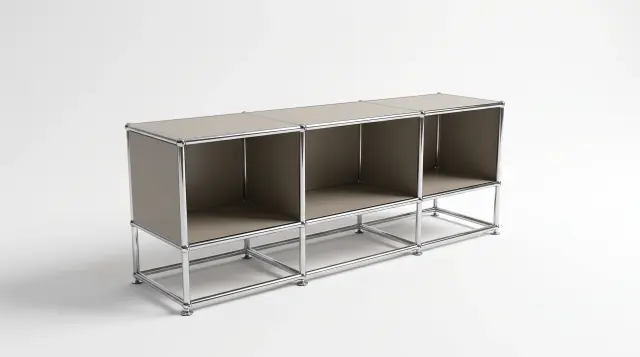 Sideboard in Grey beige (RAL 1019), compatible with USM Haller – 1200 × 425 × 350 mm, 6 compartments – photorealistic preview
