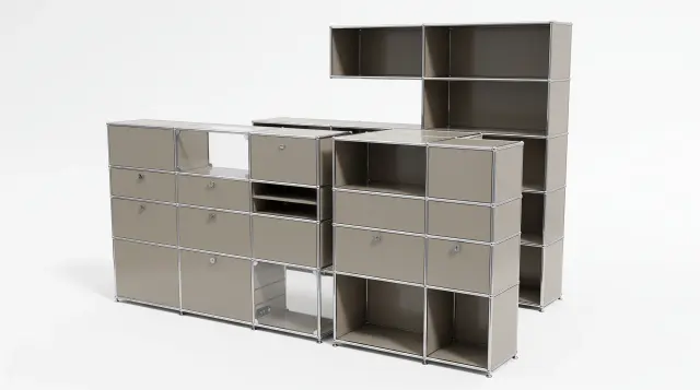 Shelving unit in Grey beige (RAL 1019), compatible with USM Haller – 3850 × 2250 × 1050 mm, 37 compartments, 5 drop-down doors, 5 pull-out shelves, with glass – photorealistic preview