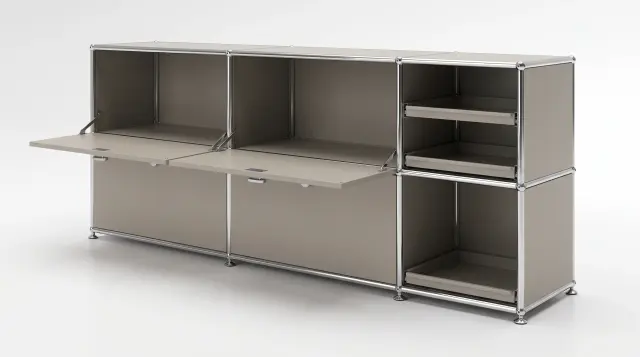 Sideboard in Grey beige (RAL 1019), compatible with USM Haller – 1845 × 550 × 500 mm, 11 compartments, 3 drop-down doors, 1 pull-out shelf – photorealistic preview