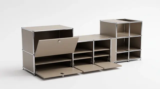 Sideboard in Grey beige (RAL 1019), compatible with USM Haller – 1845 × 550 × 500 mm, 11 compartments, 3 drop-down doors, 1 pull-out shelf – photorealistic preview