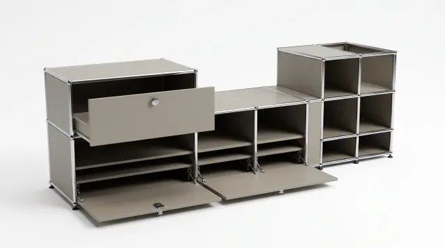 Sideboard in Grey beige (RAL 1019), compatible with USM Haller – 1845 × 550 × 500 mm, 11 compartments, 3 drop-down doors, 1 pull-out shelf – photorealistic preview