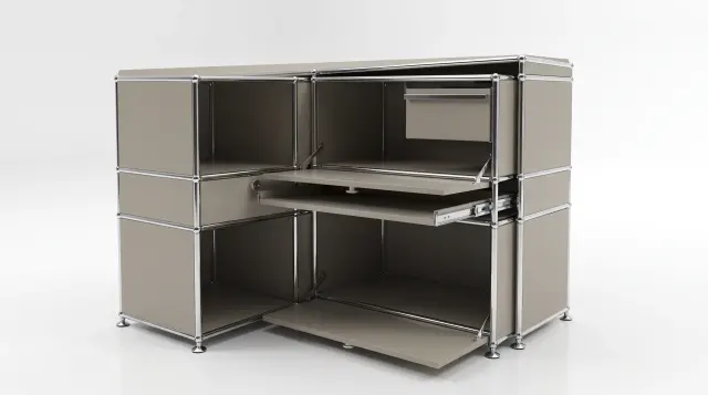 Sideboard in Grey beige (RAL 1019), compatible with USM Haller – 1900 × 550 × 500 mm, 11 compartments, 1 drop-down door, 1 pull-out shelf – photorealistic preview
