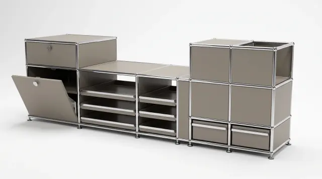 Sideboard in Grey beige (RAL 1019), compatible with USM Haller – 1900 × 550 × 500 mm, 11 compartments, 1 drop-down door, 1 pull-out shelf – photorealistic preview