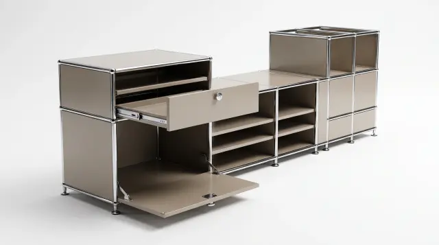 Sideboard in Grey beige (RAL 1019), compatible with USM Haller – 1900 × 550 × 500 mm, 11 compartments, 1 drop-down door, 1 pull-out shelf – photorealistic preview