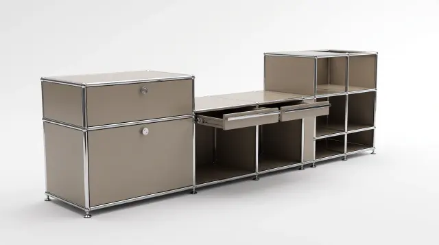 Sideboard in Grey beige (RAL 1019), compatible with USM Haller – 1890 × 550 × 500 mm, 11 compartments, 3 drop-down doors, 1 pull-out shelf – photorealistic preview