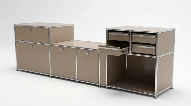 Sideboard in Grey beige (RAL 1019), compatible with USM Haller – 1890 × 550 × 500 mm, 11 compartments, 3 drop-down doors, 1 pull-out shelf – photorealistic preview