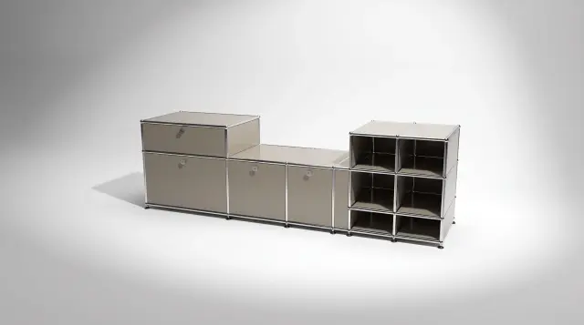 Sideboard in Grey beige (RAL 1019), compatible with USM Haller – 1890 × 550 × 500 mm, 11 compartments, 3 drop-down doors, 1 pull-out shelf – photorealistic preview