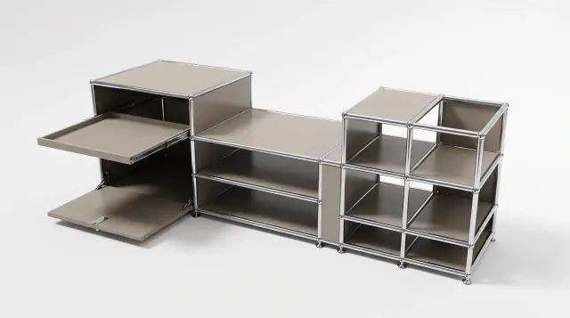Sideboard in Grey beige (RAL 1019), compatible with USM Haller – 1695 × 550 × 500 mm, 10 compartments, 1 drop-down door, 1 pull-out shelf – photorealistic preview