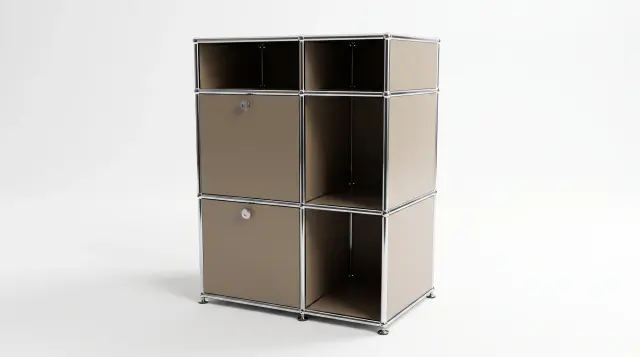 Shelving unit in Grey beige (RAL 1019), compatible with USM Haller – 600 × 875 × 500 mm, 6 compartments, 2 drop-down doors – photorealistic preview