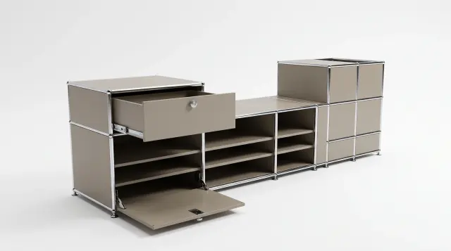 Sideboard in Grey beige (RAL 1019), compatible with USM Haller – 1900 × 550 × 500 mm, 11 compartments, 1 drop-down door, 1 pull-out shelf – photorealistic preview