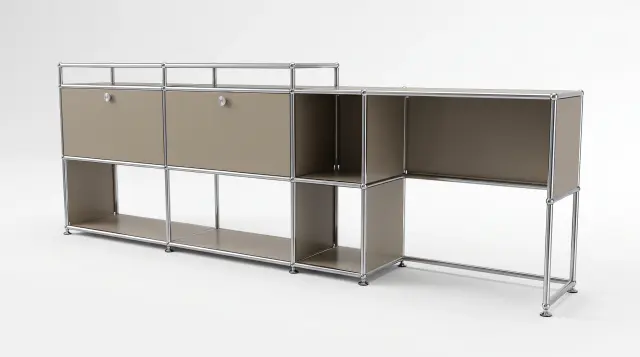 Sideboard in Grey beige (RAL 1019), compatible with USM Haller – 2600 × 800 × 350 mm, 10 compartments, 2 drop-down doors – photorealistic preview