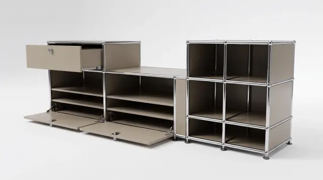 Sideboard in Grey beige (RAL 1019), compatible with USM Haller – 1790 × 550 × 500 mm, 10 compartments, 2 drop-down doors, 1 pull-out shelf – photorealistic preview