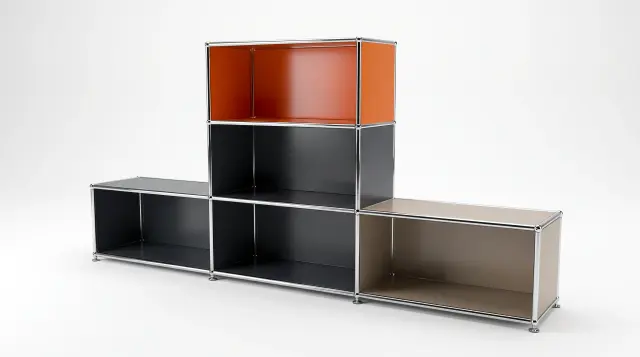 Sideboard in Pure orange (RAL 2004), compatible with USM Haller – 1500 × 700 × 350 mm, 4 compartments – photorealistic preview