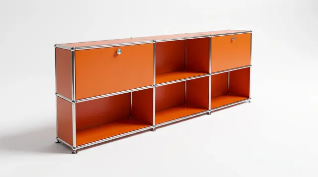 Sideboard in Pure orange (RAL 2004), compatible with USM Haller – 3000 × 700 × 350 mm, 8 compartments – photorealistic preview