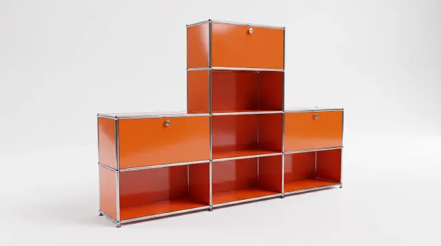 Shelving unit in Pure orange (RAL 2004), compatible with USM Haller – 2250 × 1400 × 350 mm, 8 compartments, 3 drop-down doors – photorealistic preview