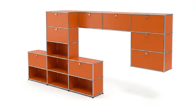 Shelving unit in Pure orange (RAL 2004), compatible with USM Haller – 4500 × 1400 × 1750 mm, 19 compartments, 14 drop-down doors – photorealistic preview