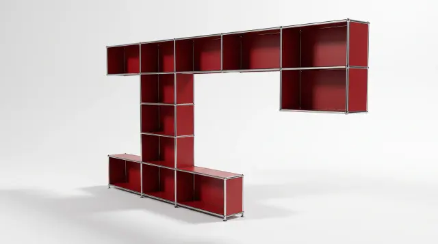 Shelving unit in Ruby red (RAL 3003), compatible with USM Haller – 2250 × 1750 × 350 mm, 9 compartments – photorealistic preview