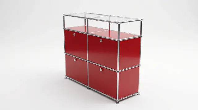 Sideboard in Ruby red (RAL 3003), compatible with USM Haller – 1500 × 875 × 350 mm, 9 compartments – photorealistic preview