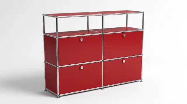 Sideboard in Ruby red (RAL 3003), compatible with USM Haller – 1500 × 875 × 350 mm, 9 compartments – photorealistic preview