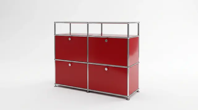 Sideboard in Ruby red (RAL 3003), compatible with USM Haller – 1500 × 875 × 350 mm, 9 compartments – photorealistic preview