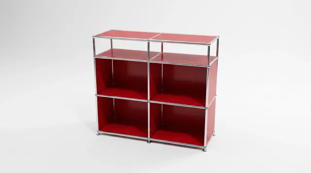 Sideboard in Ruby red (RAL 3003), compatible with USM Haller – 1500 × 875 × 350 mm, 9 compartments – photorealistic preview