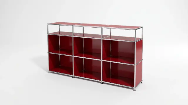 Sideboard in Ruby red (RAL 3003), compatible with USM Haller – 1500 × 875 × 350 mm, 9 compartments – photorealistic preview