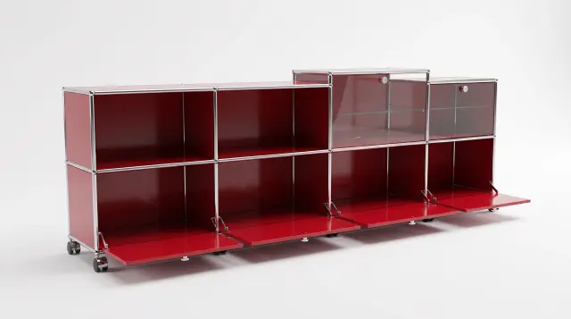Sideboard in Ruby red (RAL 3003), compatible with USM Haller – 2500 × 745 × 395 mm, 8 compartments, 1 drop-down door, 2 pull-out shelves, with glass – photorealistic preview