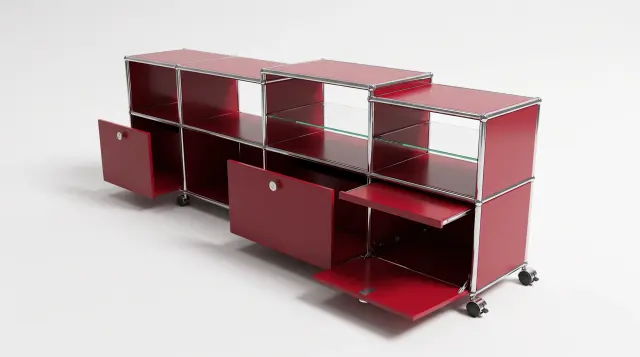 Sideboard in Ruby red (RAL 3003), compatible with USM Haller – 2500 × 745 × 395 mm, 8 compartments, 1 drop-down door, 2 pull-out shelves, with glass – photorealistic preview
