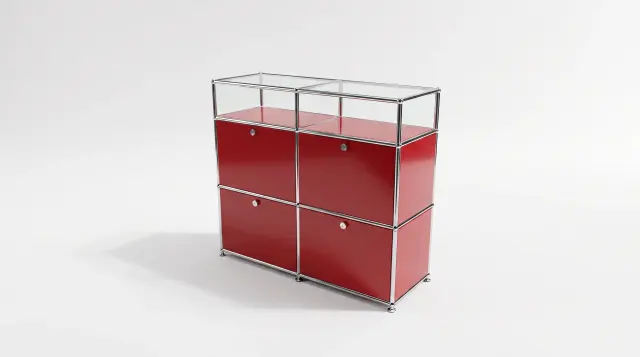 Sideboard in Ruby red (RAL 3003), compatible with USM Haller – 1000 × 875 × 350 mm, 6 compartments, 4 drop-down doors, with glass – photorealistic preview
