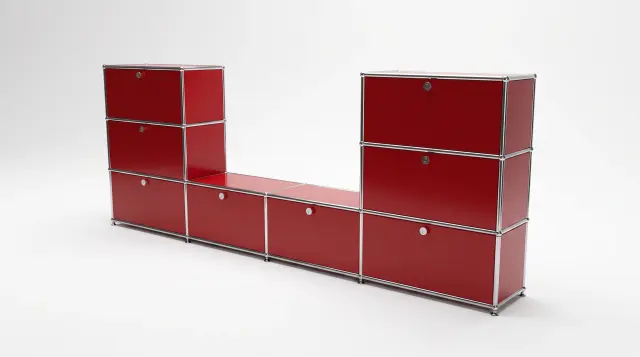 Shelving unit in Ruby red (RAL 3003), compatible with USM Haller – 3000 × 1050 × 350 mm, 8 compartments, 8 drop-down doors – photorealistic preview